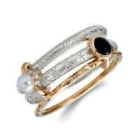 S925 Sterling Silber Schwarzer Onyx Vintage Graviertes Design Dreifach-Band-Ring für Frauen Nischen-Künstlerischer Stil Fingerring