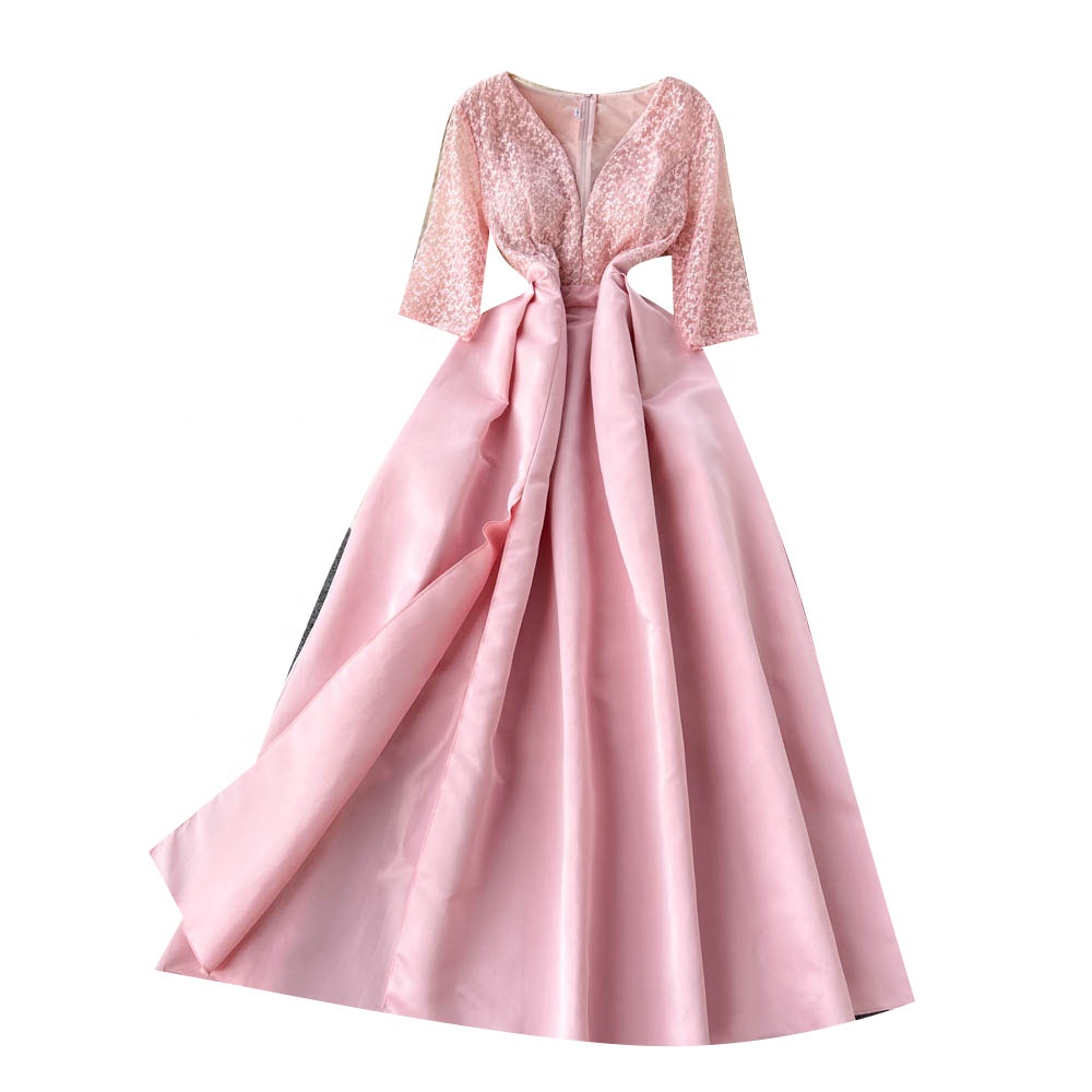 New Fashion Women Pink Lace Embroidery V-Neck Sexy Slim Knee Length Dresses|  Alibaba.com