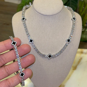 Ensemble Bijoux <span class=keywords><strong>Femme</strong></span> Plaqué Or Strass Bling <span class=keywords><strong>Collier</strong></span> Bracelet Tennis Chaîne Diamant CZ Trèfle Hip Hop Iced Out <span class=keywords><strong>Collier</strong></span> Trèfle Noir - Product Image 1
