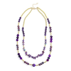 Boheme Urlaub Mode Frauen Lila Schmuck 2 Schicht Amethyst Naturstein Glas Perlen Halskette 5 Stück Stapel Armband - Product Image 5