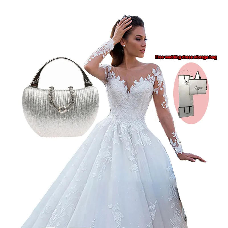 Wedding Dresses Bag Luxury Bridal Gown White Elegant Classic Big Long Tail V Neck Lace Modest Bride Wedding Dress for Women