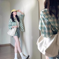 Chemisier fin anti-rides à carreaux boutonné en tissu sergé pour femme, style japonais, printemps/été, protection solaire frontale