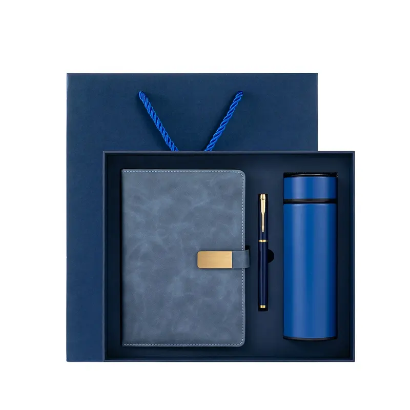 Regalos corporativos para ejecutivos, planificador personalizado azul y juego de bolígrafos, cuaderno de piel sintética y botella de agua