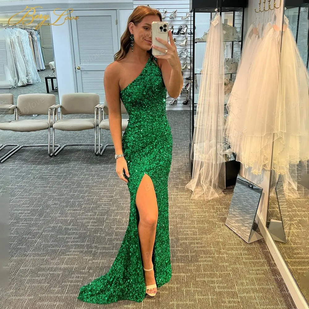 2022 One Shoulder Sequin Split Sexy Prom Dress Long Evening Dress Party Dress