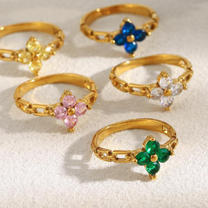 Anillos de flores de circón de alta calidad, anillos de joyería de moda de acero inoxidable PVD chapado en oro de 18 quilates para compromiso de ceremonia de boda - Product Image 1