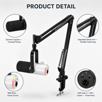 Microphone dynamique professionnel cardioïde USB/XLR avec anneau RGB et bras articulé réglable pour podcast, jeux et diffusion en direct