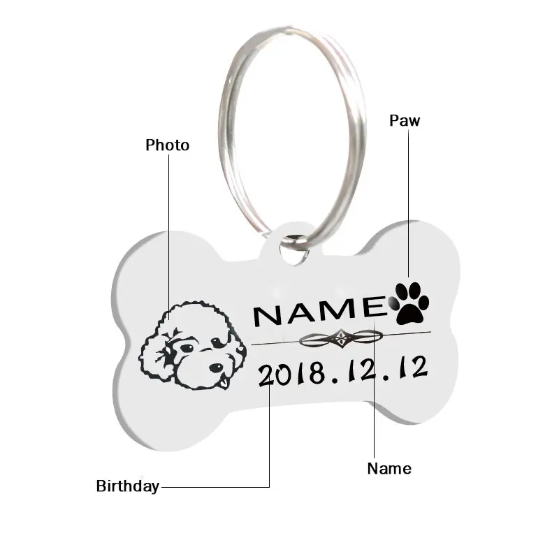 Colgante de aluminio anodizado para decorar mascotas, etiqueta con forma de hueso para nombre de Perro
