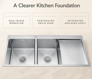 <span class=keywords><strong>Évier</strong></span> de <span class=keywords><strong>cuisine</strong></span> double en acier inoxydable argenté avec égouttoir droit, double drain, cuves profondes, design à rebord large, OEM ODM, approvisionnement B2B - Product Image 3