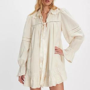 Vestidos Casuales de Algodón Personalizados OEM, Vestidos Holgados de Manga Larga con Cuello en V y Encaje para Mujer - Product Image 1