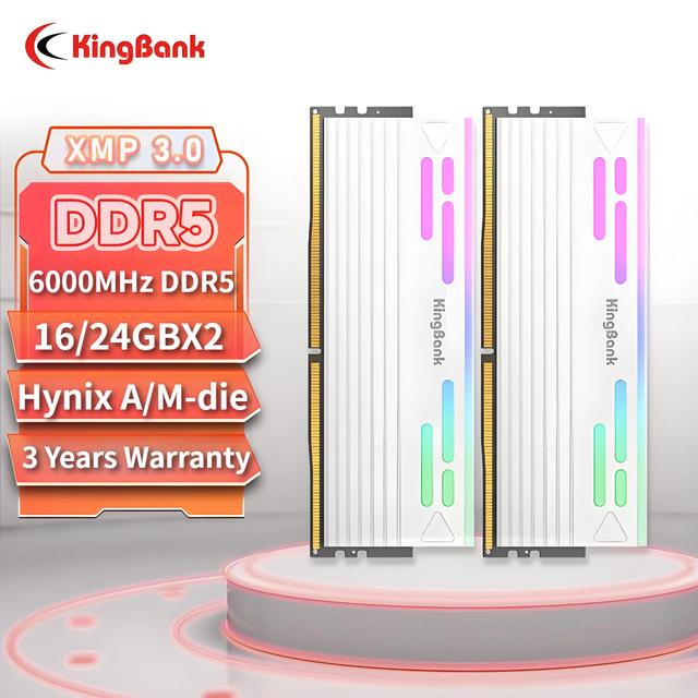 KingBank DDR5 ECC Desktop Memory RAM RGB 32/48GB 16/24GB X2 6000MHz White Hynix A/M Die HeatSink for Intel/AMD