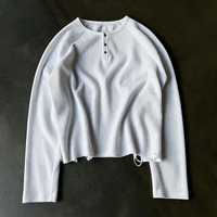 T-shirt Henley à manches longues en coton 100% de 300 grammes, coupe lourde, avec manches raglan et tricot gaufré pour homme