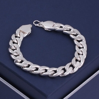 Bracelet plat en argent plaqué 13 mm pour homme - Style d'Asie du Sud-Est - Chaîne cubaine à fermoir unique - Cadeau pour la Saint-Valentin et le Nouvel An