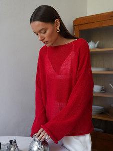 Pulls Femmes col rond mince transparent haut pour femme manches évasées <span class=keywords><strong>pull</strong></span> ample printemps été t-shirt décontracté femmes <span class=keywords><strong>pull</strong></span> tricoté - Product Image 5