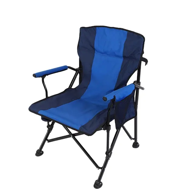 Vente en gros de chaise pliante bleue chaise de camping en plein air avec accoudoir rembourré et porte-gobelet