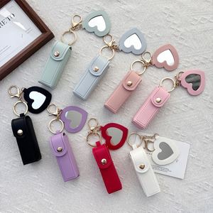 Women Keychain Holder Portable Leather <b>Lipstick</b> Bag Makeup Pouch Lip Balm Bag <b>Lipsticks</b> Protective Cover With Mirror - Product Image 2