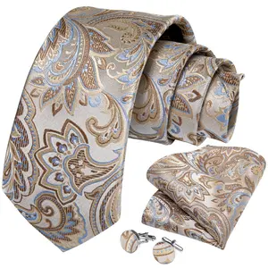 Klassisches Design Champagner Braun Blau Jacquard Blume Seide Krawatte Set für Männer