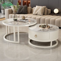 Wayon Tables basses rondes modernes en métal, lot de 2, avec plateau en marbre blanc et bord doré pour salon