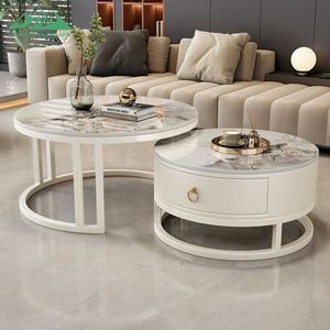 طاولات قهوة معدنية دائرية حديثة من وايون، مجموعة من قطعتين بسطح رخامي أبيض وحواف ذهبية لغرفة المعيشة - Product Image 5