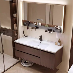 <b>Walnut</b> color bathroom <b>cabinet</b> mirror ceramic integrated hand wash basin smart mirror <b>cabinet</b> - Product Image 6