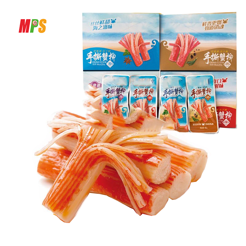 Logotipo personalizado OEM, snacks de mariscos informales para la salud, pescado de cangrejo picado a mano, palo de surimi con sabor a barbacoa