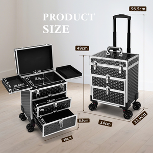 Aluminum Trolley Train <b>Case</b> with 360° Swivel Wheels Professional <b>Makeup</b> Rolling <b>Case</b> with Sliding Drawers Travel Cosmetic Box - Product Image 6