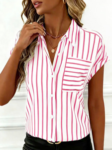 Nueva Camisa a Rayas de Verano para Mujer, Diseño con Botones y Hombros Caídos, con Bolsillo, Blusa Informal para el Día a Día, para Mujer - Product Image 4
