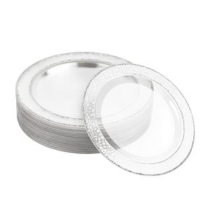 Platos de plástico redondos blancos con aspecto de papel de aluminio plateado para bodas y cenas - Product Image 1