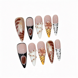 <span class=keywords><strong>Uñas</strong></span> Postizas Stiletto Largas Premium con Estampado Animal Estilo Safari, Diseño Floral en Tonos Tierra 3D con Francesa, <span class=keywords><strong>Uñas</strong></span> <span class=keywords><strong>de</strong></span> Alta Costura Maximalistas y Atrevidas - Product Image 1