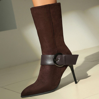 Bottines en daim pour femme, grande taille 46, à boucle, talons hauts fins, bout pointu, fermeture éclair latérale, style stiletto pour soirée