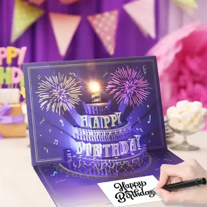 Tarjeta de feliz cumpleaños, pastel de fuegos artificiales 3D Pop Up regalo de tarjeta de cumpleaños con sobre tarjetas de felicitación 3D para mujeres, hombres, niños