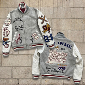 Chaqueta Universitaria de Béisbol con Bordado de Letras, Estilo Letterman, para Hombre, Chaqueta Varsity, Cuerpo de Lana Genuina, Mangas de Cuero - Product Image 2