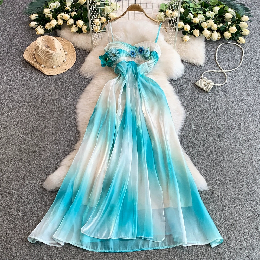 white christmas dresses Vintage Ombre Silk Chiffon Mesh Waist Dress - S main image 0