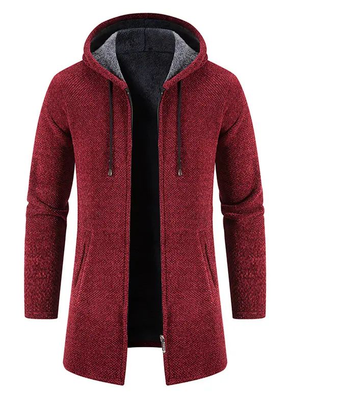 Mid length coat Autumn winter hooded plush knitwear sweater trend Slim versatile trench men