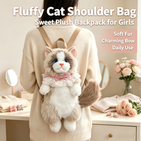 Sac à dos en flanelle ultra-réaliste en forme de chat de dessin animé, sac de rangement mignon pour l'école et les voyages, style Lolita