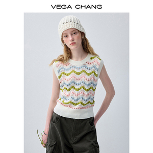 VEGA CHANG Color Block Wave Striped Knit Vest for Women Sleeveless Crochet Tank Top Crew <strong>Neck</strong> Casual Sweater - Product Image 4