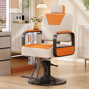 Fauteuil de Barbier Contemporain avec Revêtement en Similicuir Orange et Noir, Réglage Hydraulique de la Hauteur, Base Ronde, Mobilier de Salon - Product Image 4