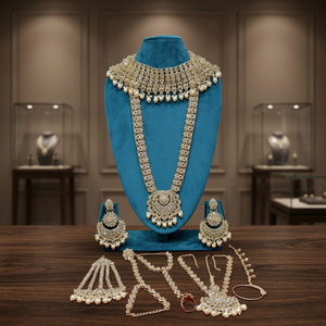 Rose Gold Plated Bridal Jewelry <b>Set</b> With Green Zircon Stones And Imitation Pearls For Women Wedding Classic Style D.no.195 - Product Image 3