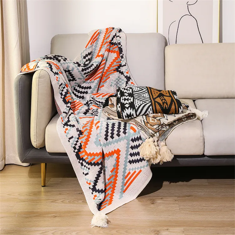 Современное уютное трикотажное одеяло с геометрическим рисунком, индивидуальное богемное вязаное одеяло с кисточкой