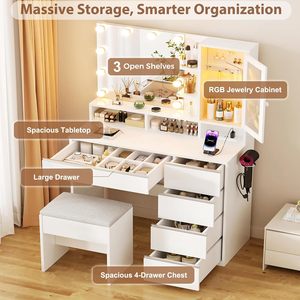 ERLEJIA Coiffeuse Moderne en Bois avec Miroir LED, 6 Tiroirs, Tabouret, Éclairage RGB et Prise de Courant - Chambre/Chambre à Coucher, <span class=keywords><strong>Blanc</strong></span> - Product Image 4