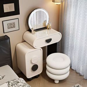 Table de toilette moderne en bois massif, simple, crème, éclairée, extensible, avec tiroirs, intégration d'angle, chambre d'hôtel - Product Image 1