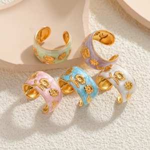 G4838 Großhandel Edelstahl Blumenförmiger Tropföl-Öffnungsring Geschenk für Damenschmuck Emaille Blumenringe - Product Image 1