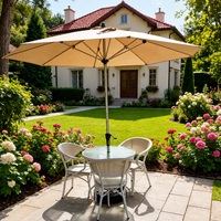 Ensemble de parasol de patio en aluminium avec table ronde et 2 chaises tressées pour balcon, jardin, cour, terrasse, utilisation en extérieur