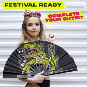 Abanico Plegable Grande de Bambú con Diseño de Dinosaurio DJ y Altavoz Integrado, Ideal para Festivales de Música, Fiestas y como Accesorio para Fotos - Product Image 4