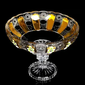 Czech Style Gold Line Enamel Glass Footed Fruit Bowl For Household Decorative