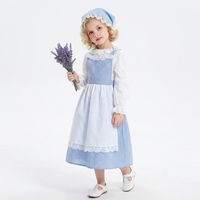 Costume de cosplay d'Halloween pour fillettes, robe coloniale de pionnière, bleu à carreaux, tablier blanc, bonnet, robe de fête fantaisie