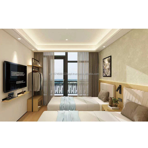 Ensembles de meubles commerciaux pour chambre double : cadre de lit en bois avec tables de chevet, armoire, meuble TV et cuisine pour hôtel 3 étoiles (chambre complète) - Product Image 1