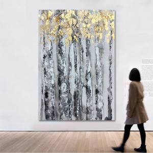 100% arte <span class=keywords><strong>de</strong></span> pared pintado a mano decoración <span class=keywords><strong>de</strong></span> pared del hogar cuadro bosque <span class=keywords><strong>de</strong></span> abedul Arte Abstracto dorado árbol pintura al óleo - Product Image 1