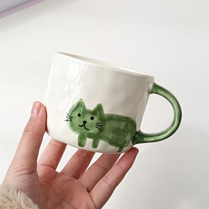 Tasses à café et assiettes en céramique peintes à la main avec motif de chat coloré, tasses à lait de dessin animé pour le petit-déjeuner - Product Image 2