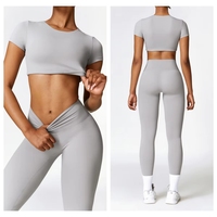 Ensemble de yoga personnalisé pour femme, automne, séchage rapide, haut à manches courtes, pantalon à carreaux, respirant, écologique