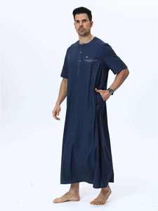 <b>Men's</b> Navy Blue Short Sleeve <b>Thobe</b> Cotton Floor Length Round Neck Solid Color Modest Middle East Style Prayer Wear - Product Image 5